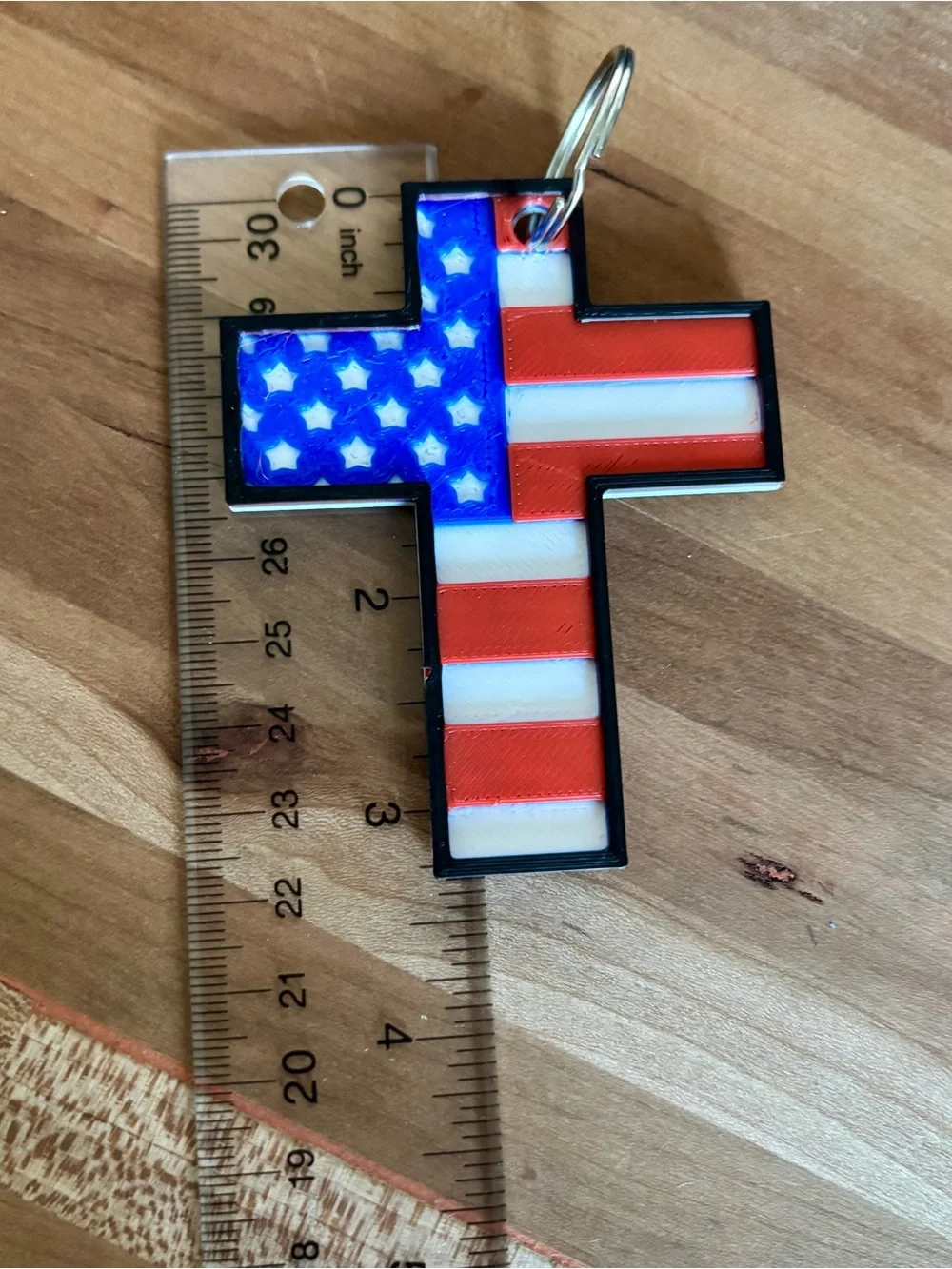 American Flag Cross Keychain – Patriotic Red, White & Blue Accent